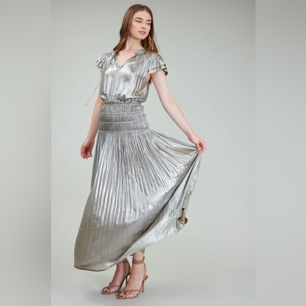 Current Air Silver Metallic Pleated Maxi Dress